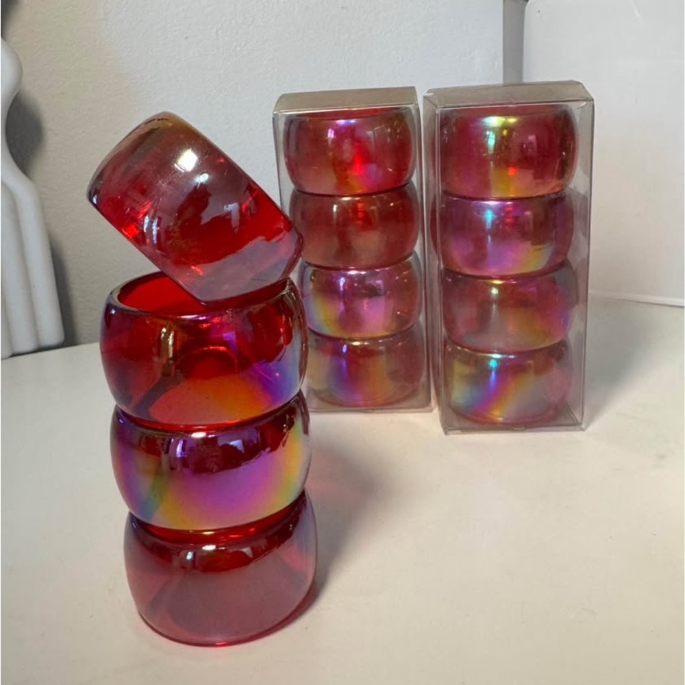 1990s Acrylic Napkin Rings – vintage Iridescent Rainbow Set of 12, Boxed